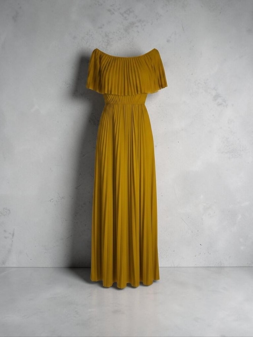 Chicwish Mustard Off-Shoulder Pleated Maxi Dress